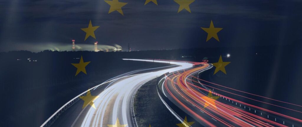 droga ekspresowa, w tle flaga Unii Europejskiej